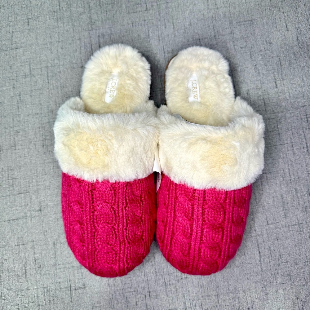 J. Crew Slippers Pink Cable Knit Fur Slippers Size 7 8 9 NWT - Picture 8 of 16